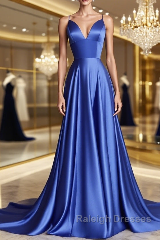 Simple blue v neck satin long prom dress blue evening dress Main image