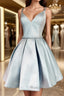 Simple blue v neck satin short prom dress, blue homecoming dress