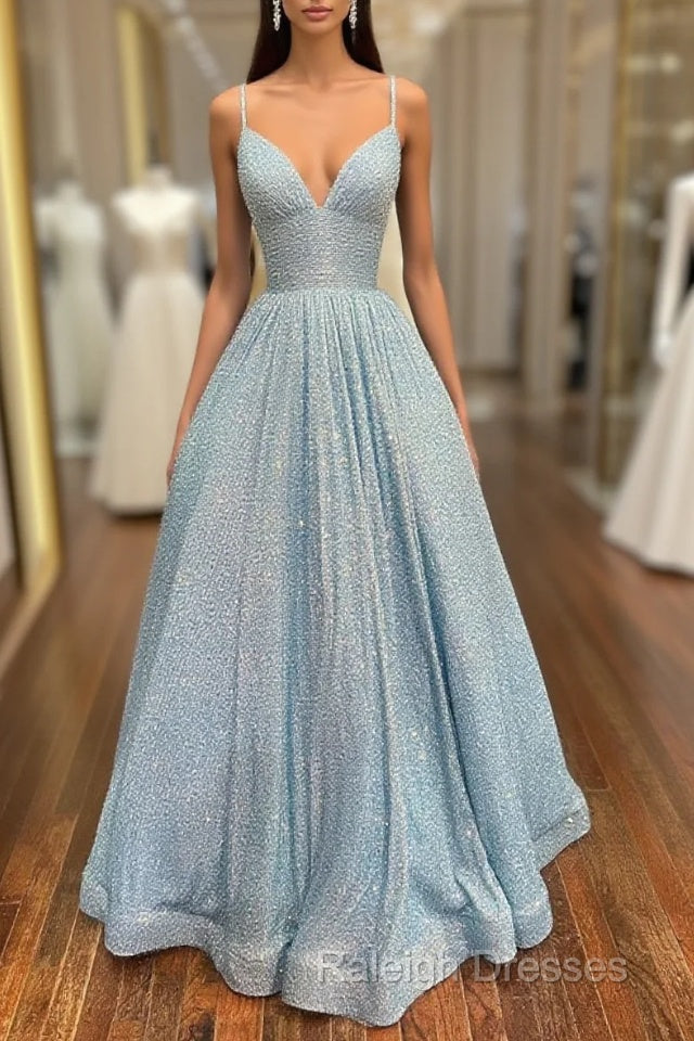 Simple Blue V Neck Sequin Long Prom Dress,A Line Blue Evening Dress Main image