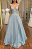 Simple Blue V Neck Sequin Long Prom Dress,A Line Blue Evening Dress
