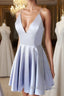 Simple blue v neck short prom dress, blue homecoming dress
