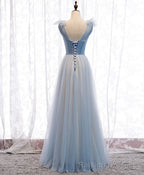 Simple Blue V Neck Tulle Long Prom Dress, Blue Formal Prom Dresses