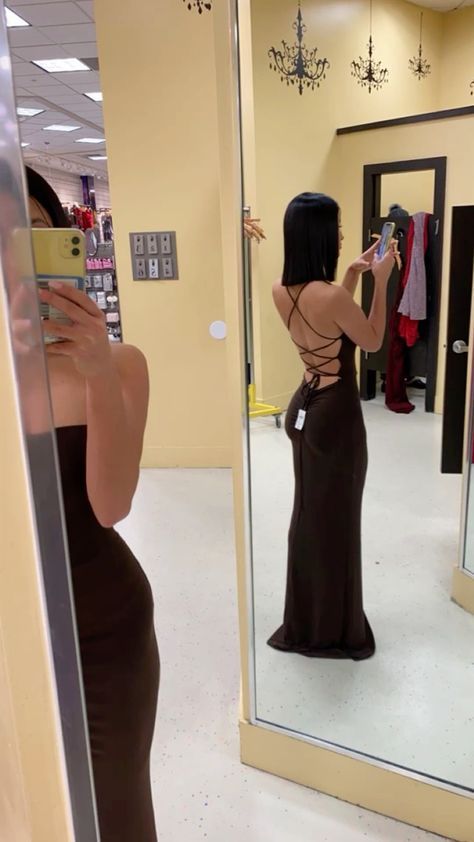 Simple Brown Mermaid Spaghetti Straps Long Prom Dress Custom High Slit Prom Dress Inspo For Women Main image
