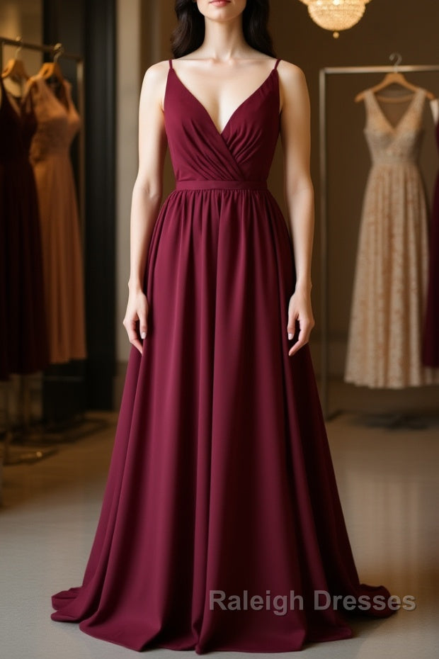 Simple burgundy chiffon lace long prom dress, burgundy evening dress Main image
