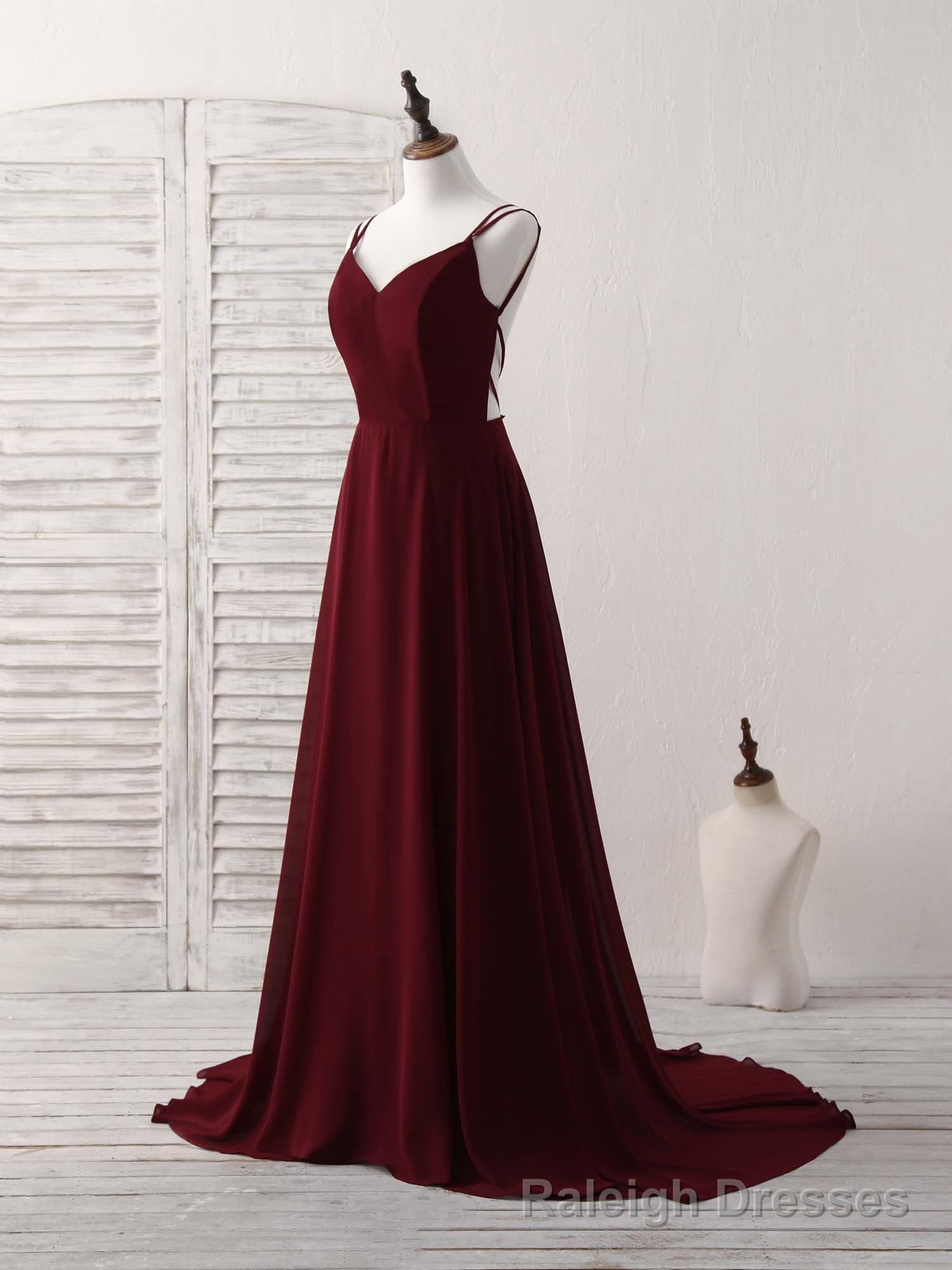 Simple Burgundy Chiffon Long Prom Dress Backless Prom Dress