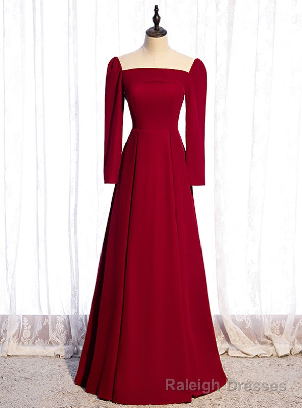Simple Burgundy Long Sleeve Scoop Prom Dress