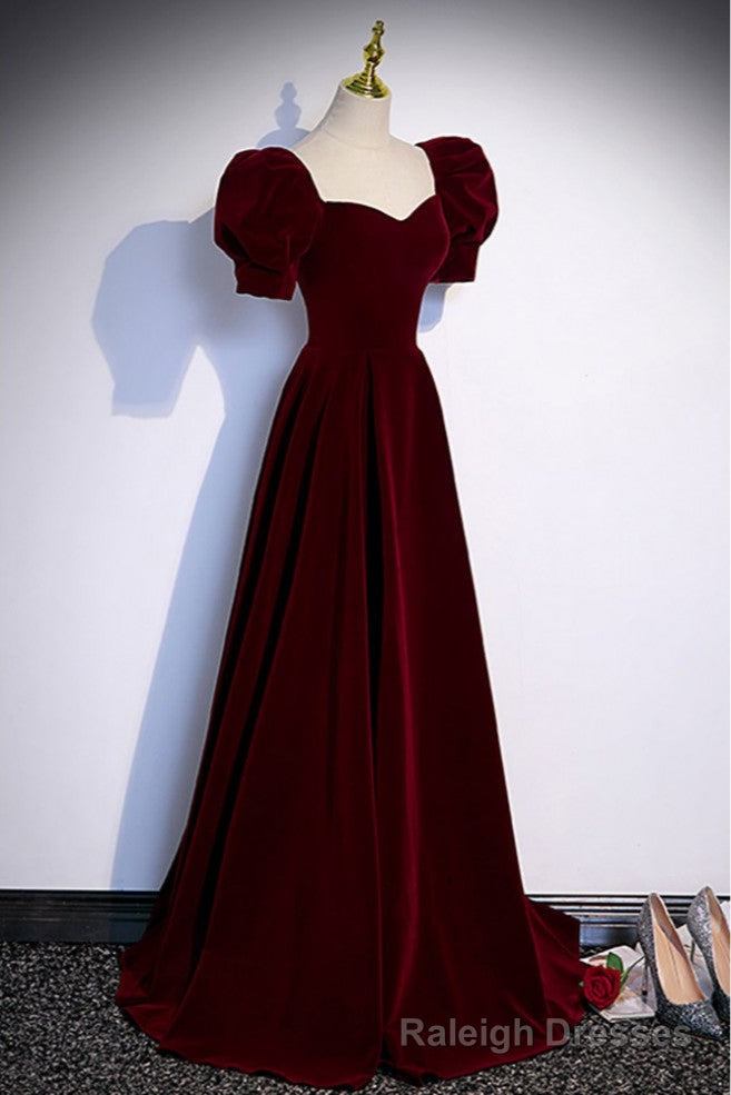 Simple Burgundy Long Velvet Prom Dress with Short Sleeves Secondary image