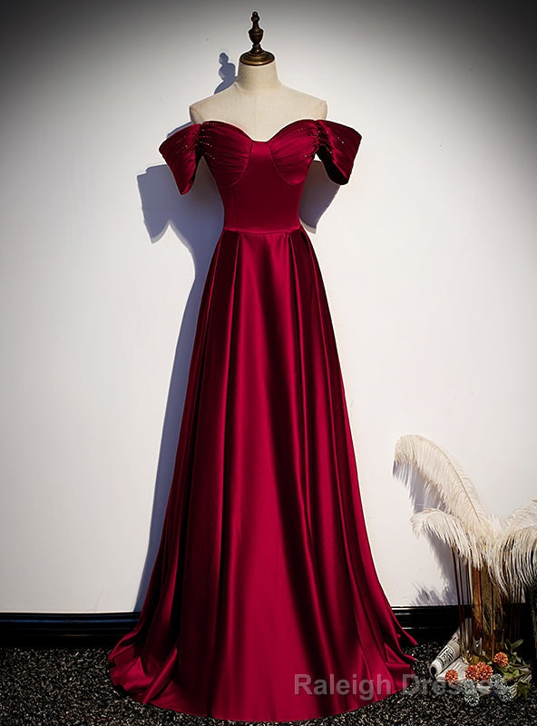 Simple Burgundy Satin Off the Shoulder Beading Prom Dress Main image