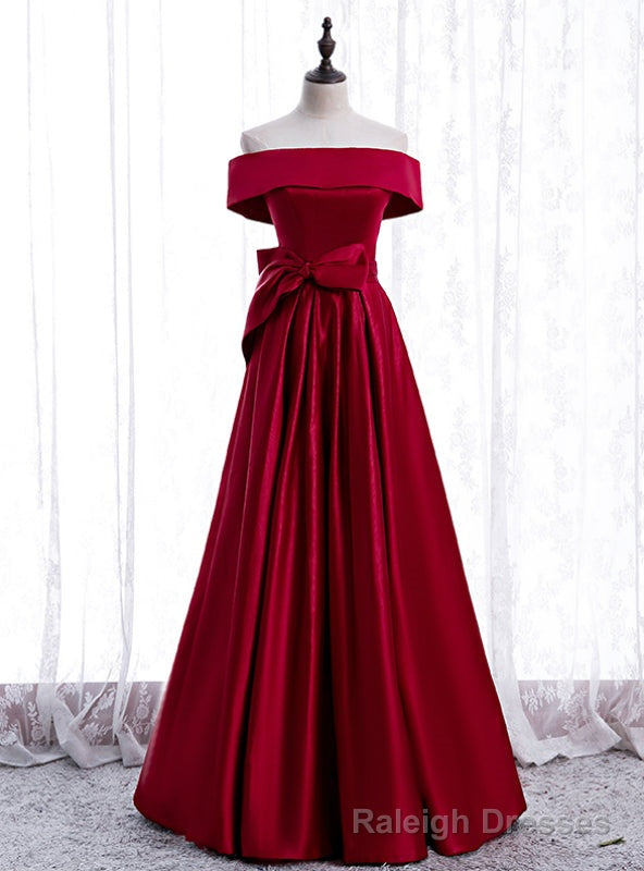 Simple Burgundy Satin Off the Shoulder Bow Prom Dresses