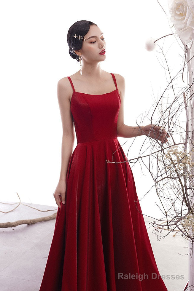 Simple Burgundy Satin Prom Dress, Burgundy Evening Dress