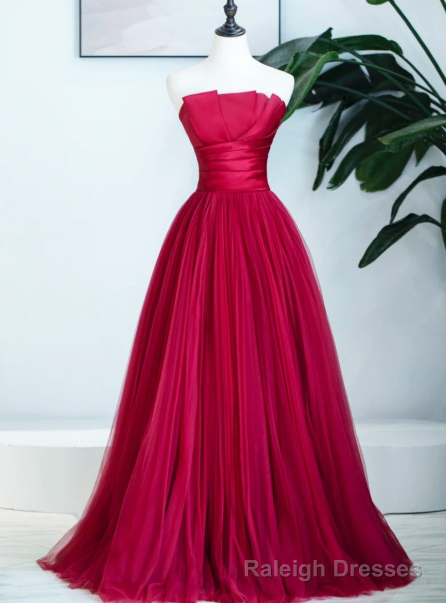Simple Burgundy Satin Tulle Strapless Pleats Prom Dress Main image