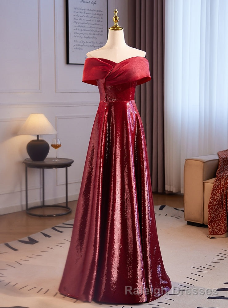 Simple Burgundy Sequins Off the Shoulder Prom Dress Main image