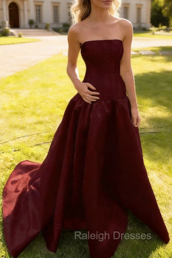 Simple Burgundy Strapless A-line Long Prom Dress Main image