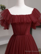 Simple Burgundy Tulle A Line Evening Dress, Burgundy Evening Dress