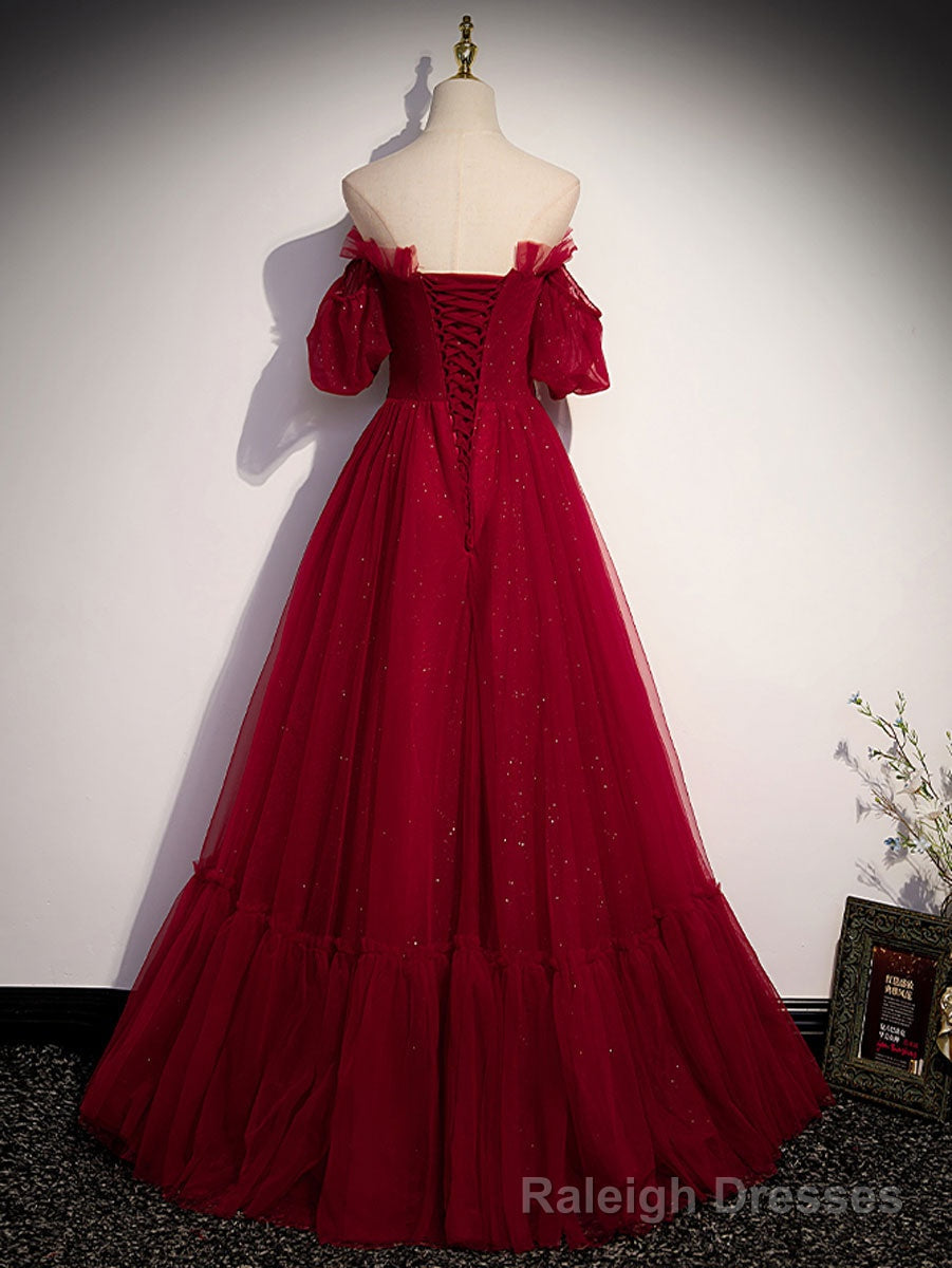 Simple Burgundy Tulle Long Prom Dress, A line Burgundy Evening Dresses