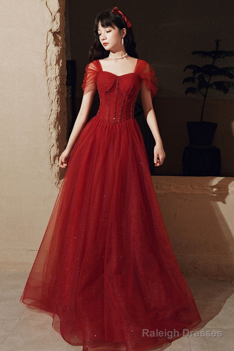 Simple Burgundy Tulle Off Shoulder Prom Dress Tulle Evening Dress