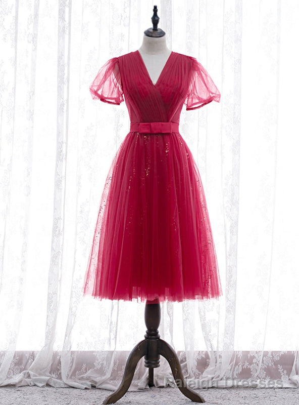 Simple Burgundy Tulle V-neck Short Sleeve Pleats Prom Dress Main image