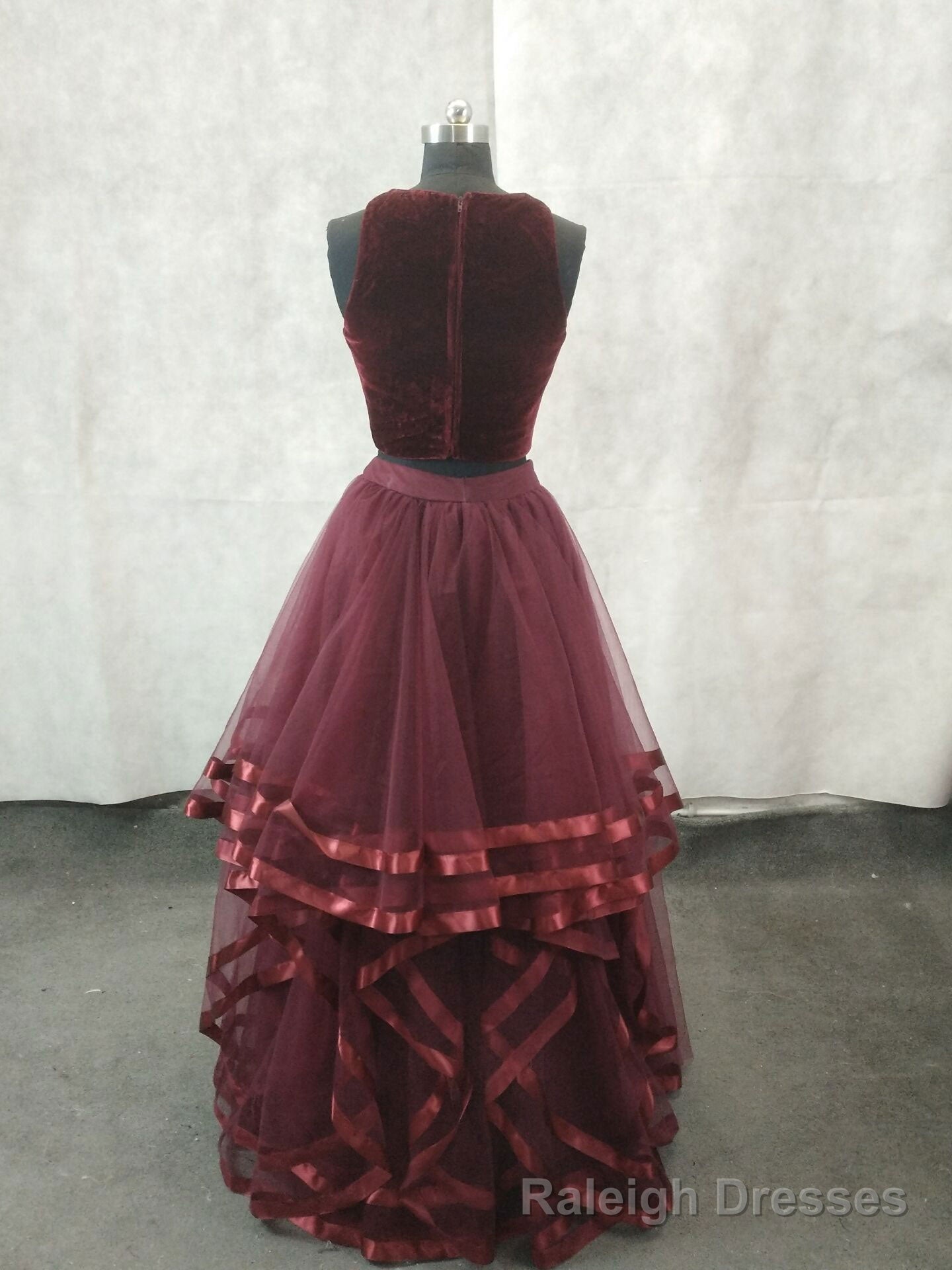 Simple Burgundy Two Pieces Tulle Long Prom Dress, Burgundy Evening Dress