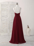 Simple Burgundy V Neck Chiffon Long Prom Dress, Bridesmaid Dress