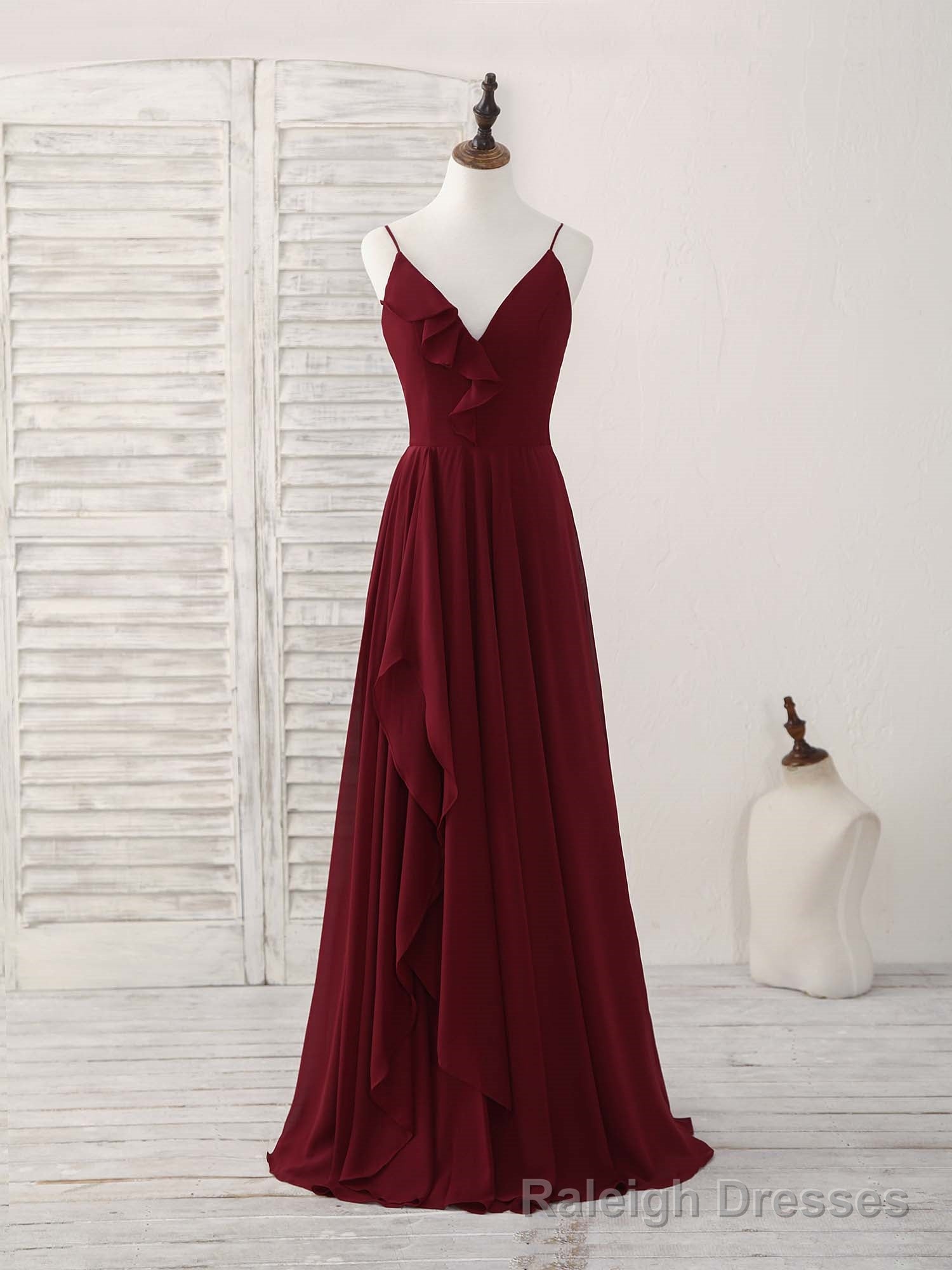 Simple Burgundy V Neck Chiffon Long Prom Dress, Bridesmaid Dress