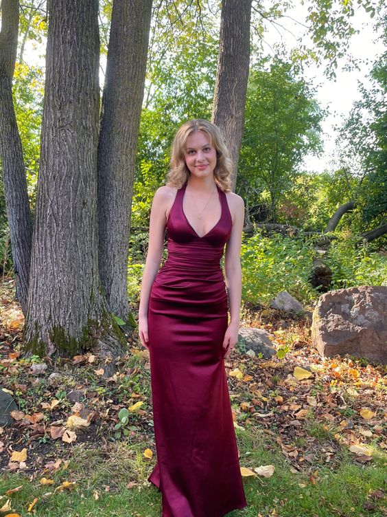 Simple Burgundy V Neck Long Prom Dresses Prom Dresses