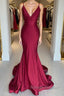 Simple burgundy v neck satin mermaid long prom dress burgundy evening dress