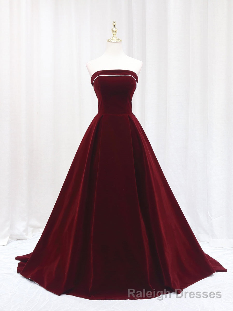 Simple Burgundy Velvet Strapless Prom Dress