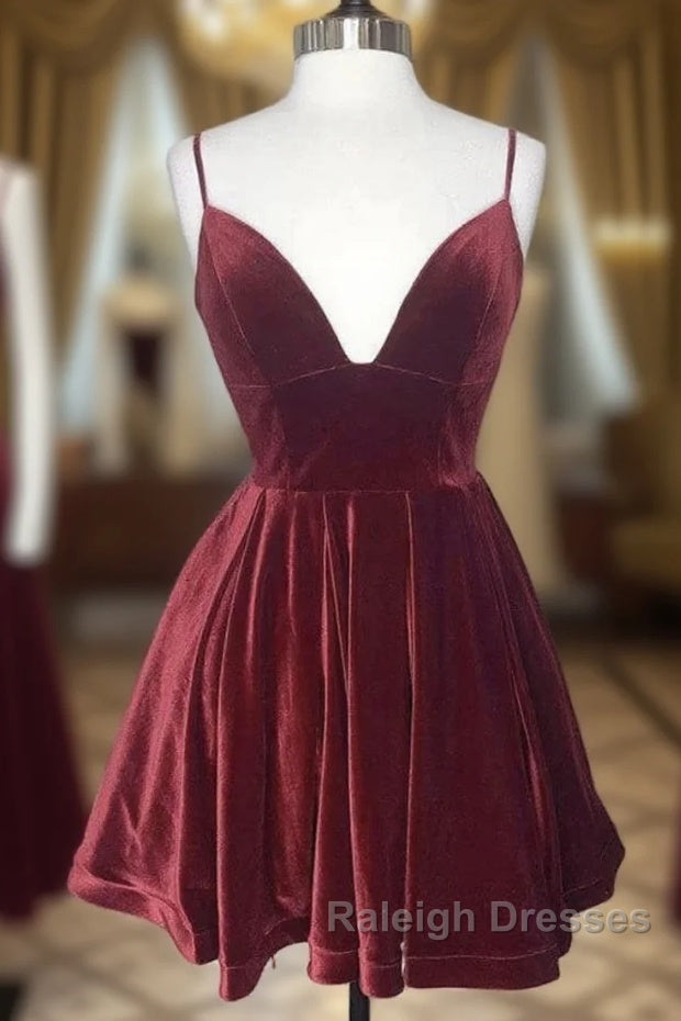 Simple Burgundy Velvet Winter Formal Dress Short V Neck Homecoming Dress Main image