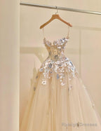 Simple Champagne A-Line Spaghetti Straps Tulle Applique Long Prom Dress Sweet Wedding Dress