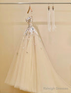 Simple Champagne A-Line Spaghetti Straps Tulle Applique Long Prom Dress Sweet Wedding Dress
