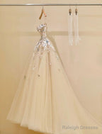 Simple Champagne A-Line Spaghetti Straps Tulle Applique Prom Dresses Long Sweet Wedding Dresses