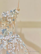 Simple Champagne A-Line Spaghetti Straps Tulle Applique Long Prom Dress Sweet Wedding Dress