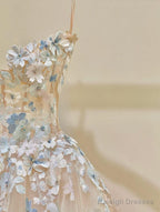 Simple Champagne A-Line Spaghetti Straps Tulle Applique Prom Dresses Long Sweet Wedding Dresses