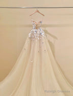Simple Champagne A-Line Spaghetti Straps Tulle Applique Long Prom Dress Sweet Wedding Dress