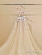 Simple Champagne A-Line Spaghetti Straps Tulle Applique Prom Dresses Long Sweet Wedding Dresses