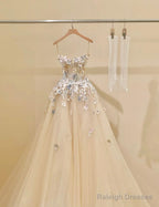 Simple Champagne A-Line Spaghetti Straps Tulle Applique Long Prom Dress Sweet Wedding Dress