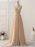 Simple Champagne Long Prom Dresses V Neck Chiffon Bridesmaid Dress