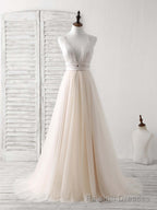 Simple Champagne Tulle Long Prom Dress Tulle Prom Dress