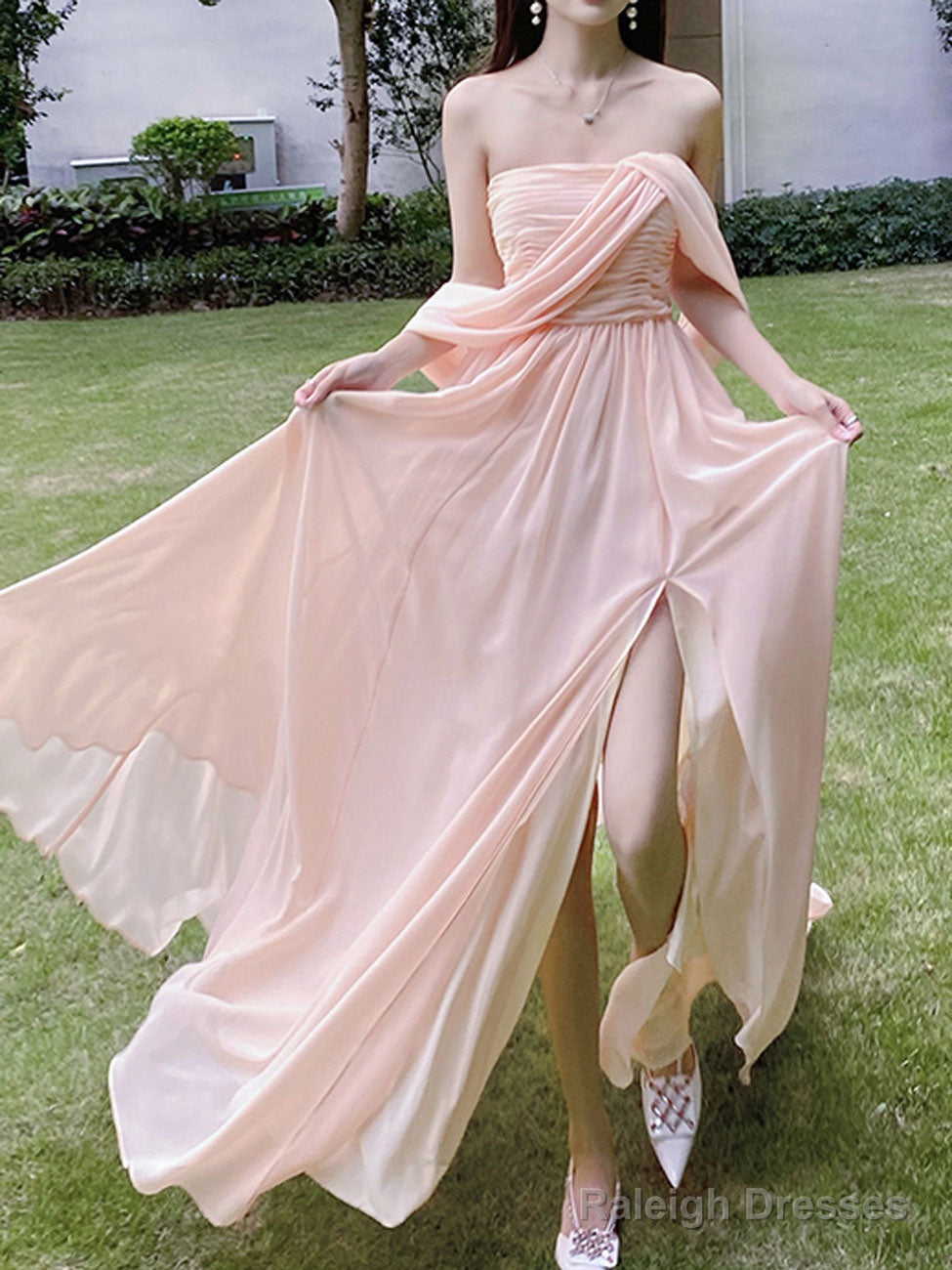 Simple Chiffon Pink Long Prom Dresses, Pink Formal Evening Dress