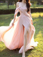 Simple Chiffon Pink Long Prom Dresses, Pink Formal Evening Dress