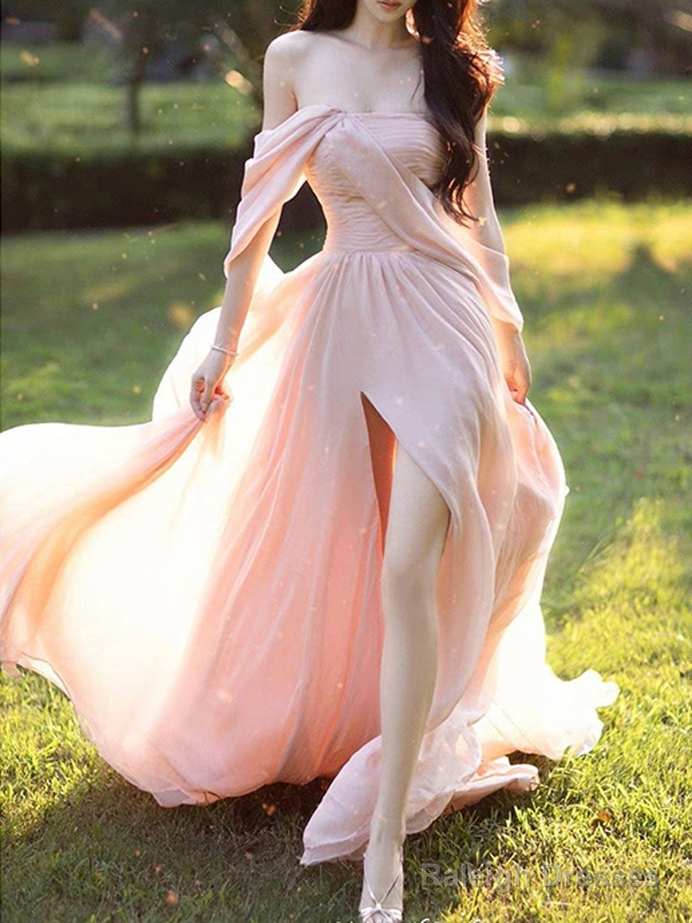 Simple Chiffon Pink Long Prom Dresses, Pink Formal Evening Dress
