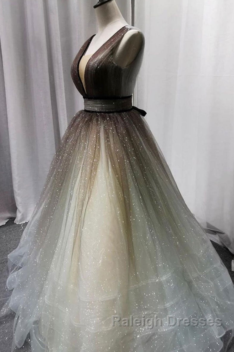 Simple Coffee tulle sequin Prom Dresses Long coffee Prom Dresses Secondary image