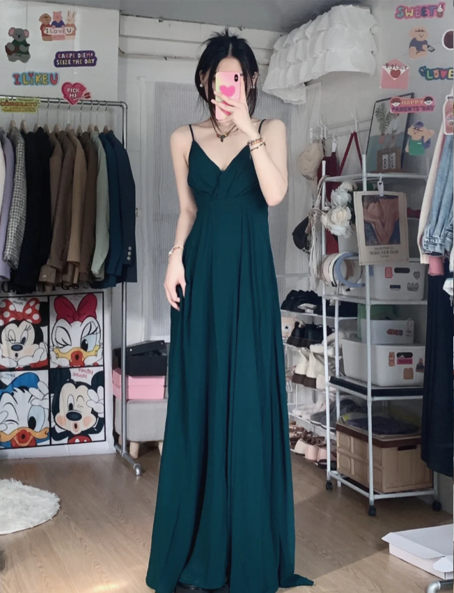 Simple Dark Green A-Line V-Neck Halter Chiffon Long Formal Prom Dress Bridesmaid Dress