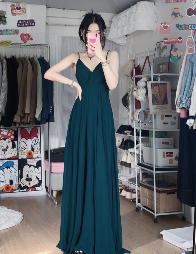 Simple Dark Green A-Line V-Neck Halter Chiffon Long Formal Prom Dress Bridesmaid Dress
