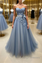 Simple gray blue tulle lace applique long prom dress, tulle evening dress