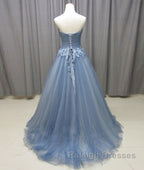 Simple gray blue tulle lace applique long prom dress, tulle evening dress