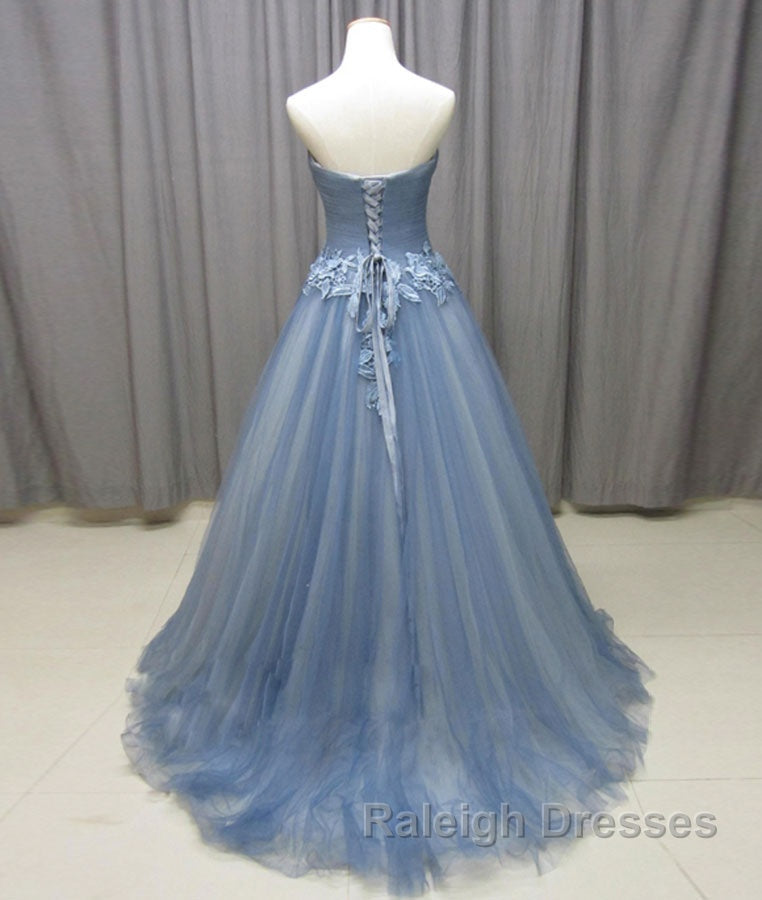 Simple gray blue tulle lace applique long prom Dresses tulle Prom Dresses Secondary image