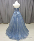 Simple gray blue tulle lace applique long prom Dresses tulle Prom Dresses