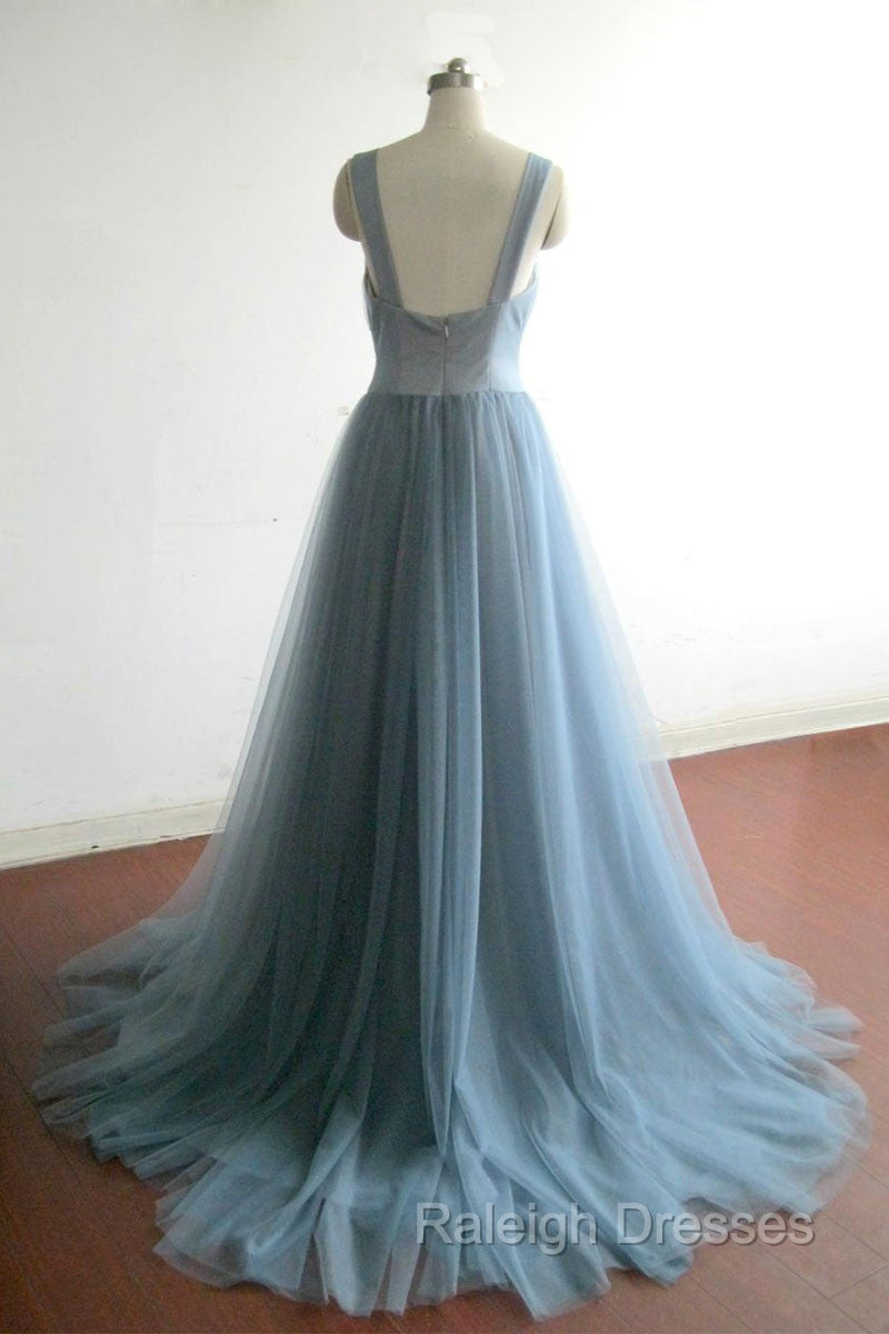 Simple gray blue tulle long prom dress, evening dress Secondary image