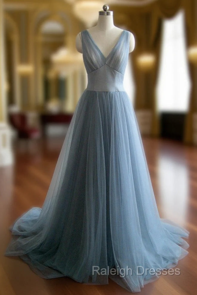 Simple gray blue tulle long Prom Dresseses Main image